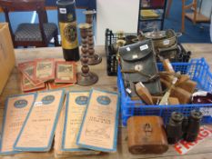 A quantity of metal ware, books and objects including early Ordnance Survey maps, brass candle