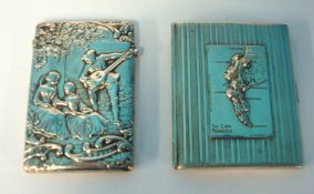 Silver card case embossed with scene depicting musician figures and landscape, 8.5cm x 6cm t/w `