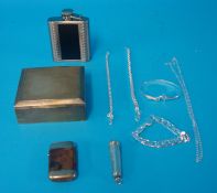 Silver square cigarette box, hip flask, various silver and white metal jewellery bangles, bracelets