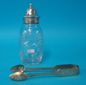 Silver and glass sugar caster and pair of sugar tongs
