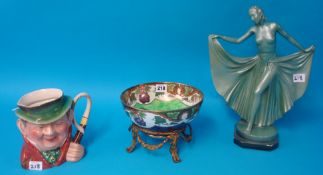 Art Deco figure, Maling lustre bowl and stand and Beswick Tony Weller character jug (3)