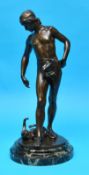 Bronze sculpture male figure with playing cat, inscribed `Steiner` on marble base 45cm high