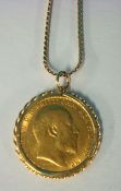 A 9ct pendant necklace set with Edw VIII gold sovereign 1907