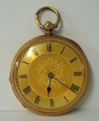 18ct gold open face key wind pocket watch with decorated back plate and dial