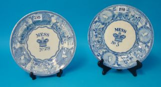 Two 19th Century blue and white `Mess` plates, 24cm diameter