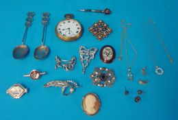 Costume jewellery, silver brooch, open face gilt pocket watch