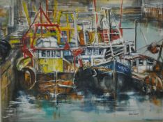 LINDA WINTER Mixed media `Fish Market Sutton Harbour`, signed, 1993, 73cm x 54cm