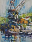 LINDA WINTER Mixed media `Crane at Royal Naval Armament Depot Wharf, Ernesettle, Plymouth`, signed,
