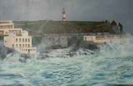 JOHN LAWER 1988 `Plymouth Hoe In Storms` oil on canvas, 60cm x 90cm