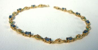 10ct gold diamond and sapphire bracelet, 19cm long