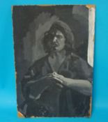 Attributed to ROBERT LENKIEWICZ black and white self portrait oil on board 57cm x 38cm unsigned and
