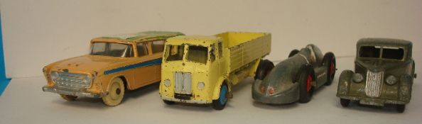 Dinky forward control lorry, white, racing car `Speed of Wind`, 40a Riley saloon, grey and 173 Nash