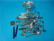 Silver small comport, various silver and silver plated flat ware also two pens including 14ct gold