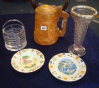 Two C19th plates, Dartington glass ice bucket, Lithuanian wood tankard and silver mounted glass
