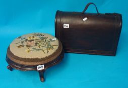 A Victorian circular foot stool with tapestry seat, reproduction wine carrying case and oval framed