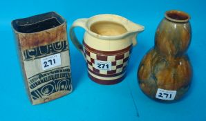 Studio pottery slab vase, Doulton leaf `gourd` vase and cream ware jug (3)