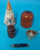 A Japanese conical shaped sugar castor, two wood treen objects, fruit knife and part silver table
