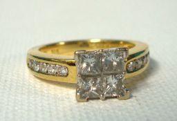 18ct gold diamond and princess cut cluster ring approximately 1.00 ct of diamonds size, L