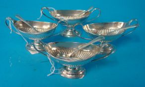 Set of 4 Victorian silver table salts  with twin handles and stem base of Adam design with spoons