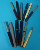 Collection of various fountain and other pens including Duro, Parker, Conway Stewarts, Sheaffer and