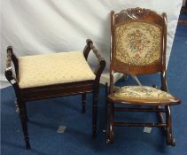 An Edwardian piano stool and a small folding rocking chair