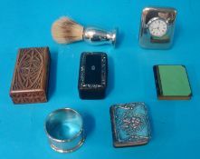 Various silver and other objects including napkin ring, snuff box, silver shaving brush, modern
