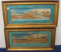 A pair Chinese carved cork work pictures, each with a blue slip and gilt frames, with paper label
