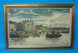 DONALD WOSTENHOLME oil on canvas `Sutton Harbour, Plymouth Barbican` signed and dated 1979 in a