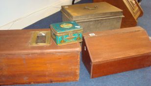 A wooden cash till, a mahogany `apothecary` style box, a metal deed box and a small portable