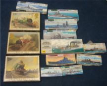 Collection of model kits including mixed battle ships and trains (13)