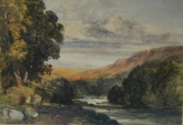 Signed DAVID COX watercolour `River Landscape`, signed, 27cm x 24cm