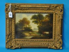 19th century oil on canvas `Cows in a River Landscape` in gilt frame, 18cm x 24cm