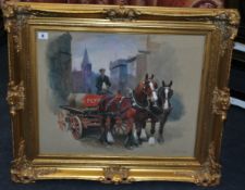MABEL AUGUSTA KINGWELL (1890-1924) pastel `1920`s Plymouth Breweries Wagon with Shire Horse` signed