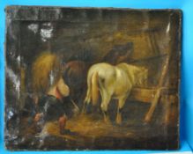 19th century, unsigned,  oil on canvas `Three Horses in Stable` u/f, 43cm x 53cm