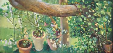 ROBERT LENKIEWICZ (1941-2002) oil on canvas `Four Pots in the Garden`, signed twice to verso and