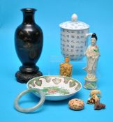 Various Oriental objects including Chinese blue and white `character` chocolate cup and cover a/f,
