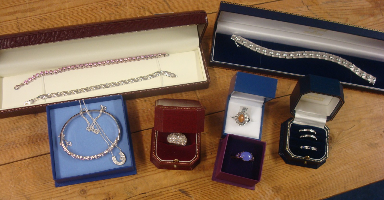 Various modern and silver costume jewellery comprising seven rings, two bracelets and a bangle