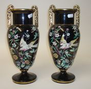 Pair of Victorian enamelled and black porcelain twin handle vases, 25cm