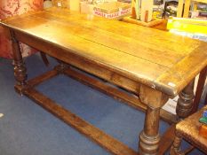 Antique oak refectory table with heavy turned legs, 185cm x 74cm, together with a set of six