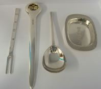 Silver pickle fork, boxed, silver pin dish and QE II heavy silver letter opener, Garrod & Co t/w
