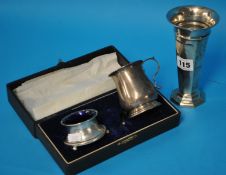 Silver small baluster shaped tankard inscribed John Russell 1921, tapered silver spill vase and part