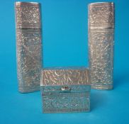 Three ornate silver boxes including miniature casket