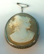 Victorian silver cameo brooch, 40mm x 35mm, with Italian cameo shell with double twist wire mount