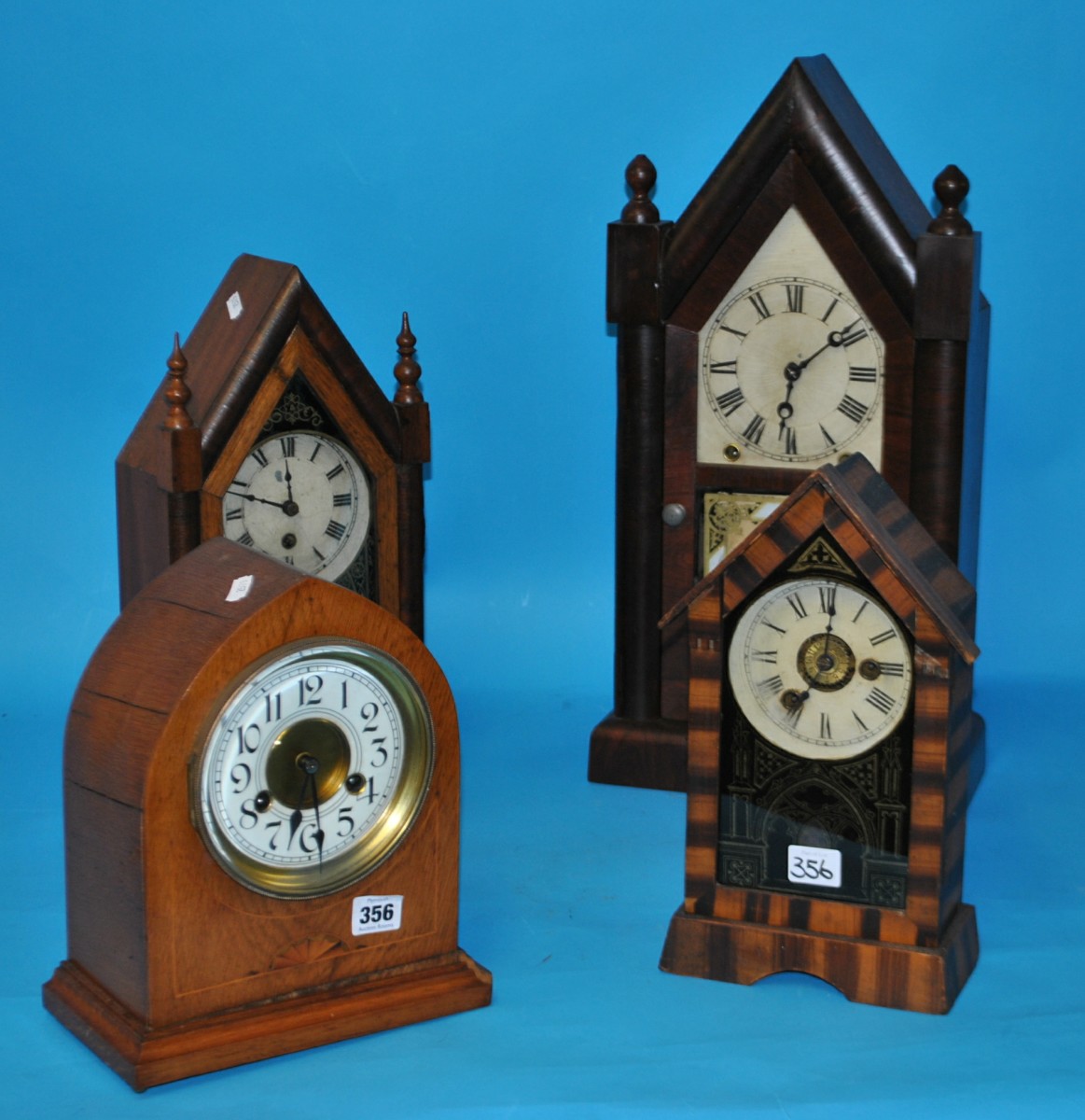 Three Victorian steeple clock t/w an inlaid oak cased clock with gong strike (4)