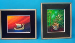 Two William Tolliday collages `Fallen Acorns` and `Viking Ships` each set with gold,  in original