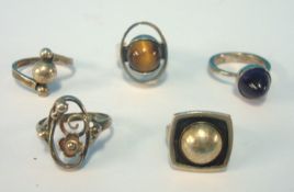 Five various silver rings including Danish