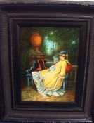 R. Lowe modern oil painting `Lady with parasol upon a bench`