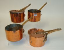 Four antique copper saucepans (two with lids), each 9cm high