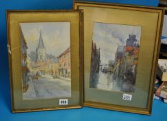 Two watercolours including English Street scene dated 1914