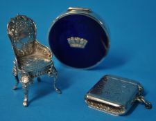 Silver vesta, miniature silver ornate chair (J G P) and enamelled and silver crown box (3)
